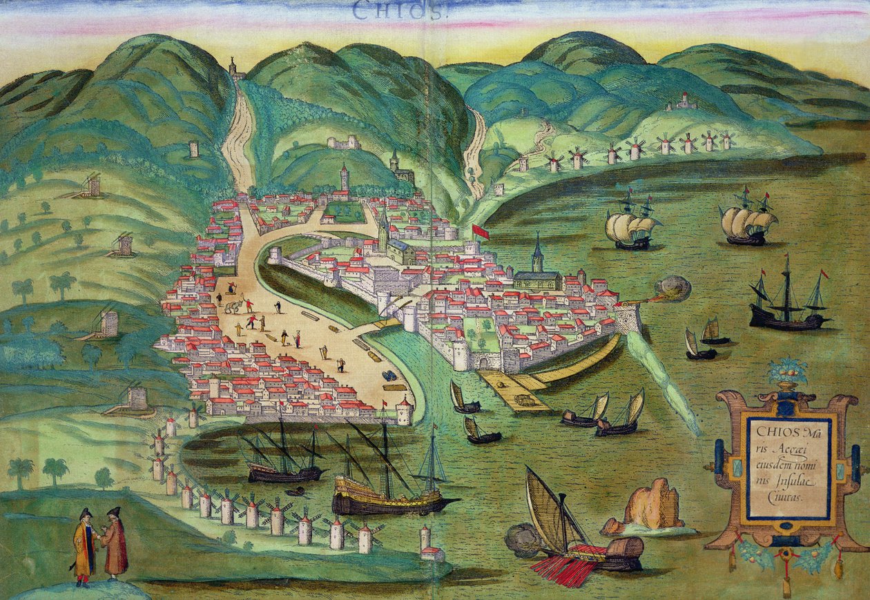 Mapa Chiosu, z „Civitates Orbis Terrarum“ od Georga Brauna (1541-1622) a Franse Hogenberga (1535-90) kolem 1572-1617 od Joris Hoefnagel