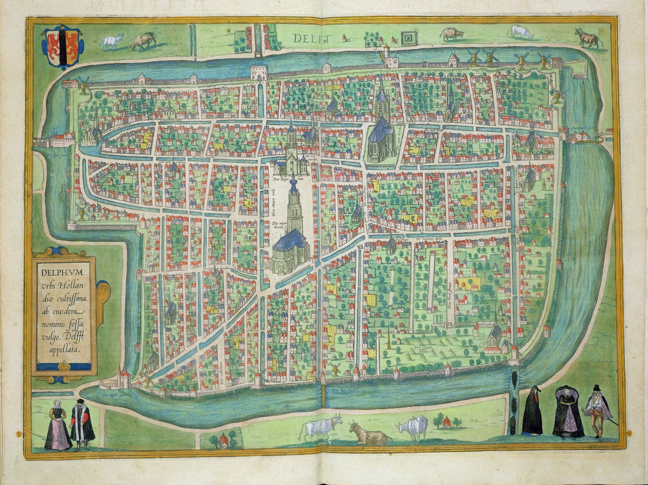 Mapa Delftu z knihy "Civitates Orbis Terrarum" od Georga Brauna (1541-1622) a Franse Hogenberga (1535-90), asi 1572-1617. od Joris Hoefnagel