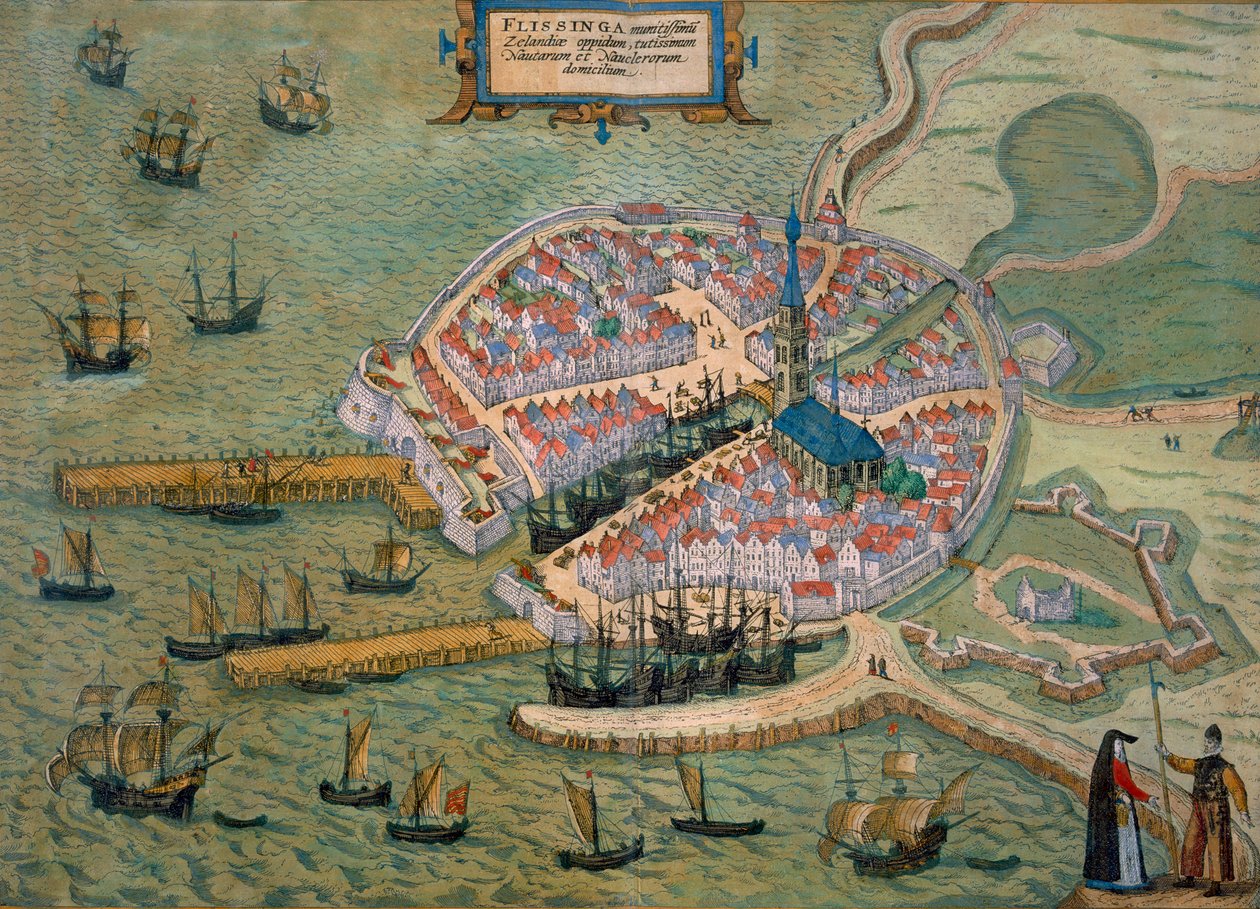 Mapa Flissingy, z „Civitates Orbis Terrarum“ od Georga Brauna (1541-1622) a Franse Hogenberga (1535-90) kolem 1572-1617 od Joris Hoefnagel