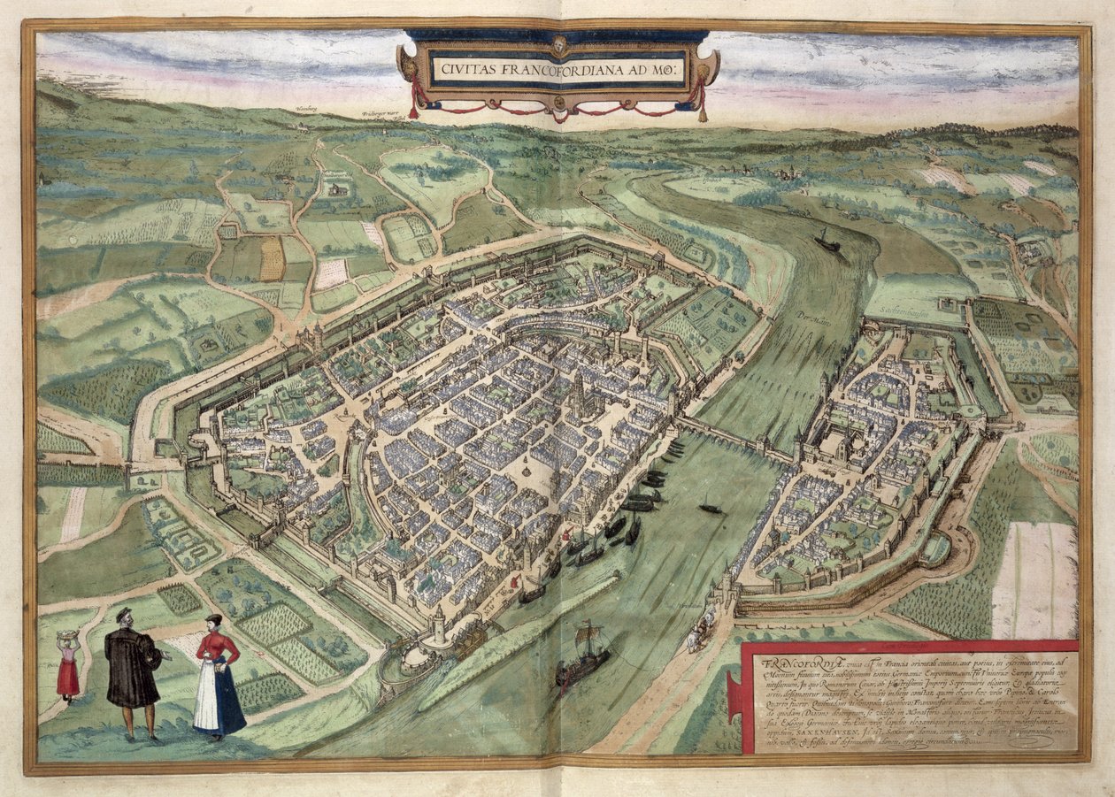 Mapa Frankfurtu, z „Civitates Orbis Terrarum“ od Georga Brauna (1541-1622) a Franse Hogenberga (1535-90), kolem 1572 (barevná rytina) od Joris Hoefnagel