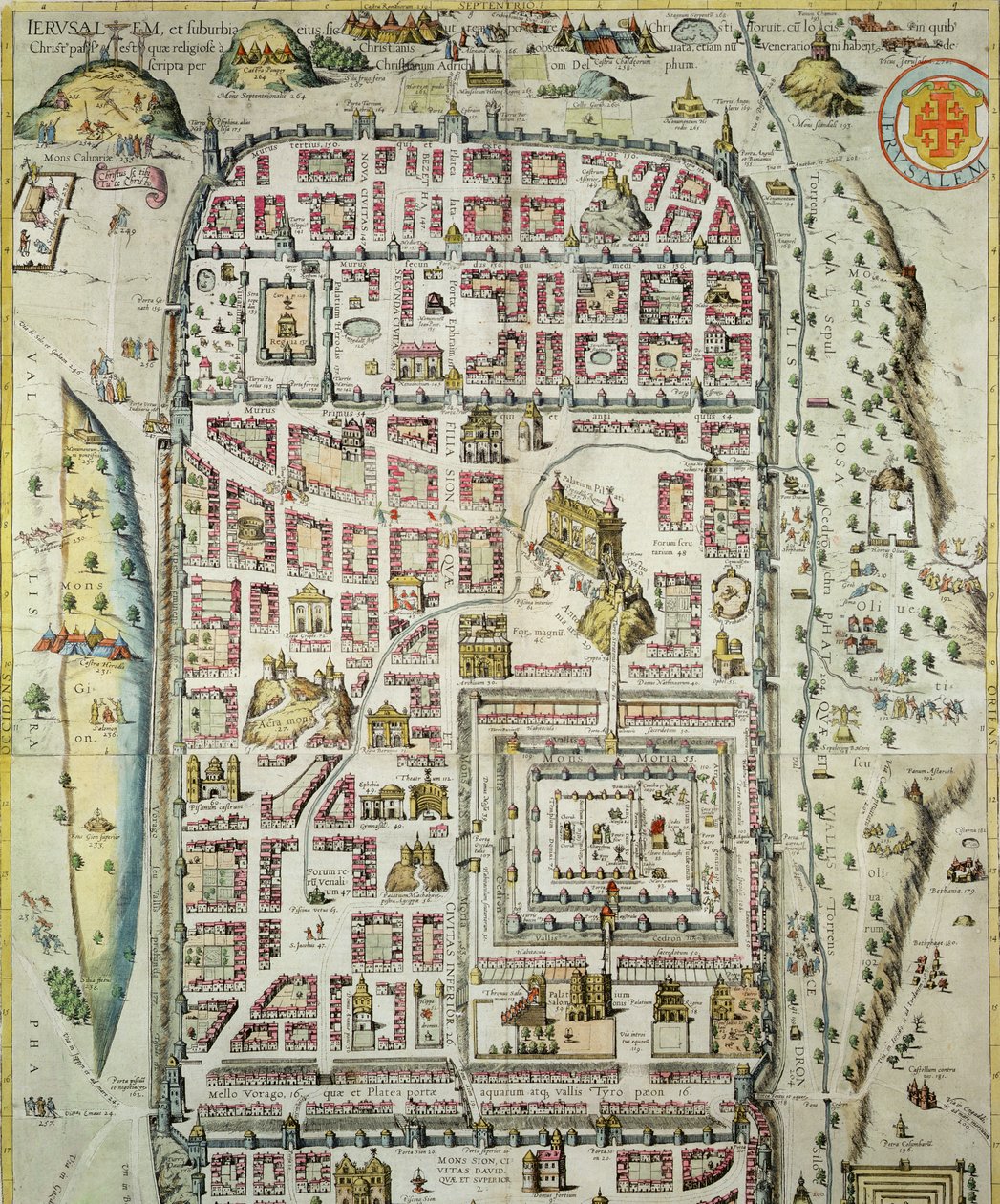 Mapa Jeruzaléma a okolí, z „Civitates Orbis Terrarum“ od Georga Brauna (1541-1622) a Franse Hogenberga (1535-90) kolem 1572-1617 (viz 138906) od Joris Hoefnagel