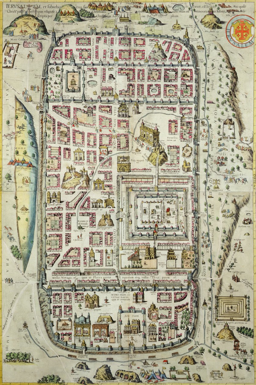 Mapa Jeruzaléma a okolí, z „Civitates Orbis Terrarum“ od Georga Brauna (1541-1622) a Franse Hogenberga (1535-90) kolem 1572-1617 (viz 138905-96) od Joris Hoefnagel