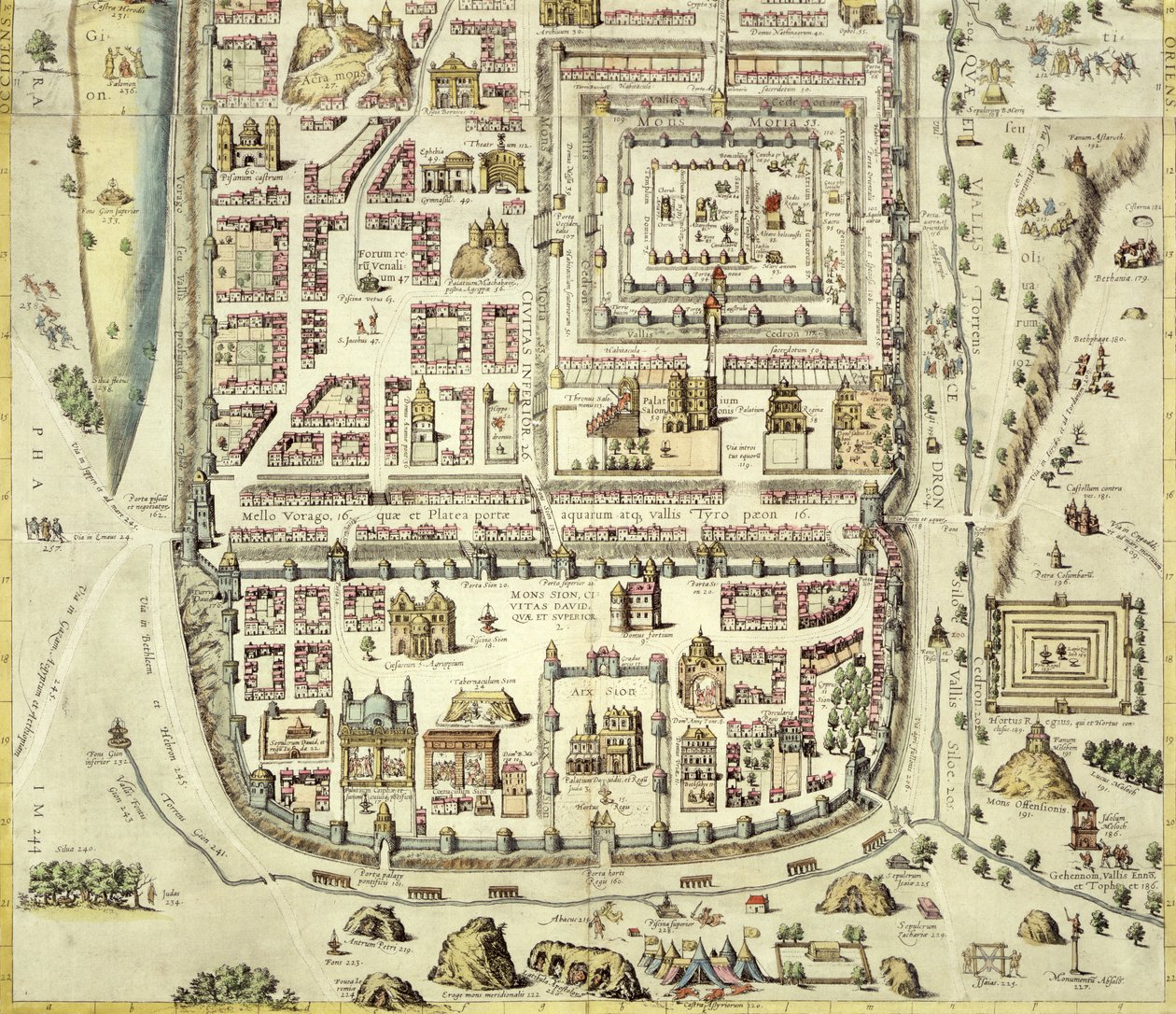 Mapa Jeruzaléma a okolí, z „Civitates Orbis Terrarum“ od Georga Brauma (1541-1622) a Franse Hogenberga (1535-90) kolem 1572-1617 (viz 138905) od Joris Hoefnagel