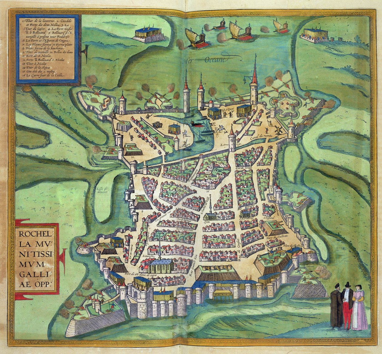 Mapa La Rochelle, z „Civitates Orbis Terrarum“ od Georga Brauna (1541-1622) a Franse Hogenberga, kolem roku 1572 (barevná rytina) od Joris Hoefnagel