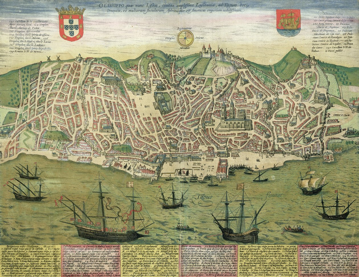 Mapa Lisabonu, z „Civitates Orbis Terrarum“ od Georga Brauna (1541-1622) a Franse Hogenberga (1535-90), kolem 1572 od Joris Hoefnagel