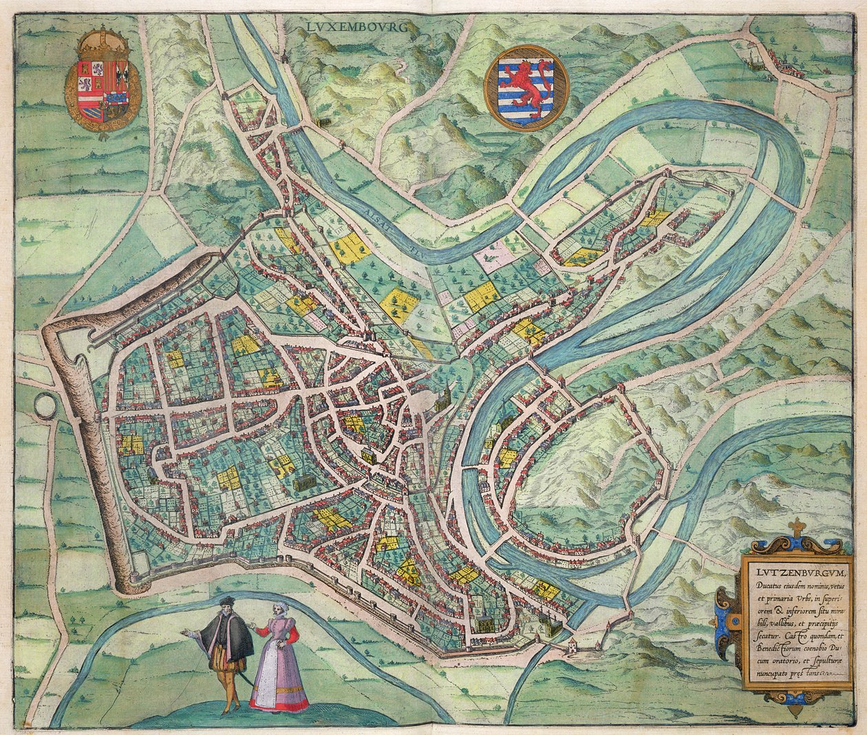 Mapa Lucemburska, z „Civitates Orbis Terrarum“ od Georga Brauna (1541-1622) a Franse Hogenberga (1535-90) kolem 1572-1617 od Joris Hoefnagel