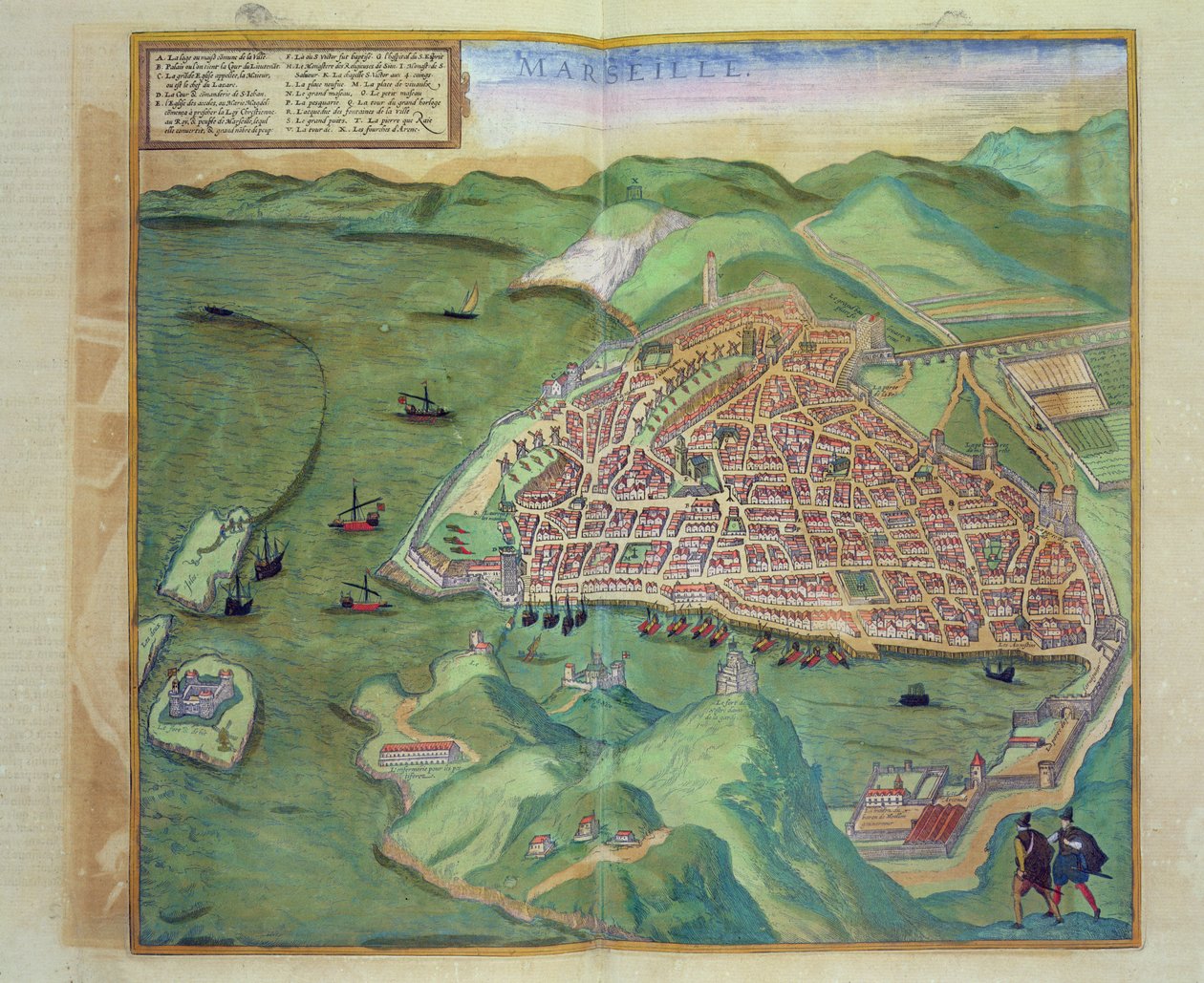 Mapa Marseille z knihy "Civitates Orbis Terrarum" od Georga Brauna (1541-1622) a Franse Hogenberga (1535-90), asi 1572 (barevná rytina) od Joris Hoefnagel