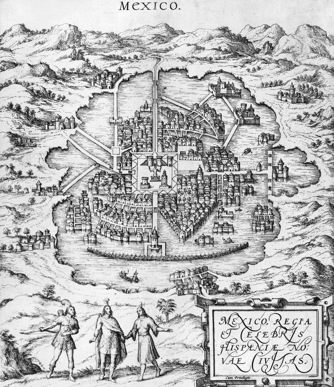Mapa Mexika, ilustrace z „Civitates Orbis Terrarum“ od Georga Brauna (1541-1622) a Franse Hogenberga (1535-90) kolem 1572 od Joris Hoefnagel