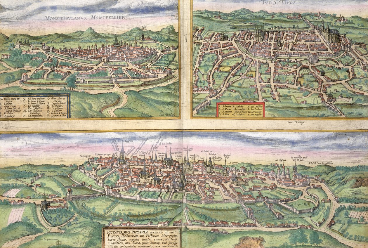 Mapa Montpellier, Tours a Poitiers, z „Civitates Orbis Terrarum“ od Georga Brauna (1541-1622) a Franse Hogenberga (1535-90), kolem 1572 od Joris Hoefnagel
