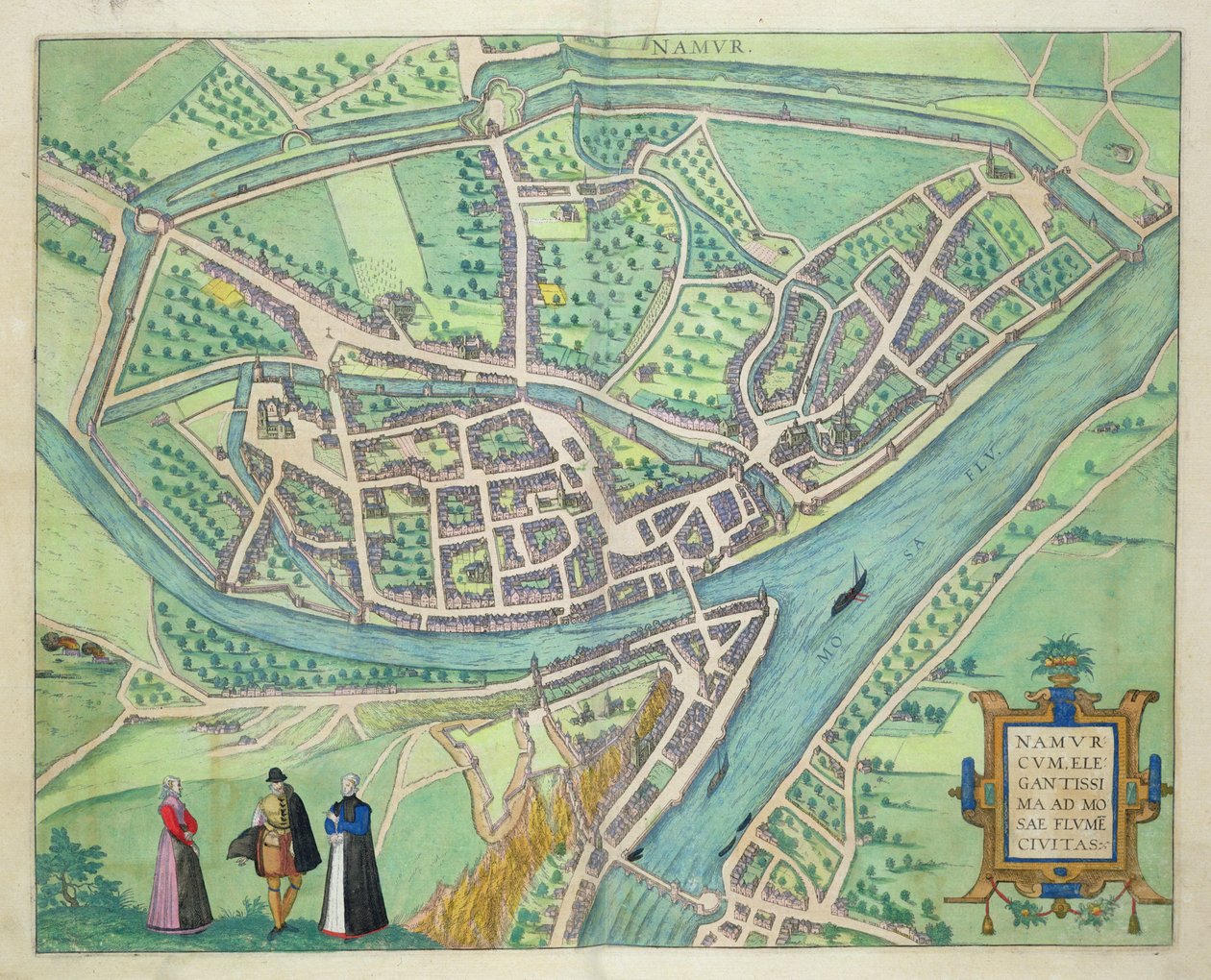 Mapa Namuru, z „Cities of the World“ od Georga Brauna (1541-1622) a Franse Hogenberga (1535-90) kolem 1572-1617 od Joris Hoefnagel