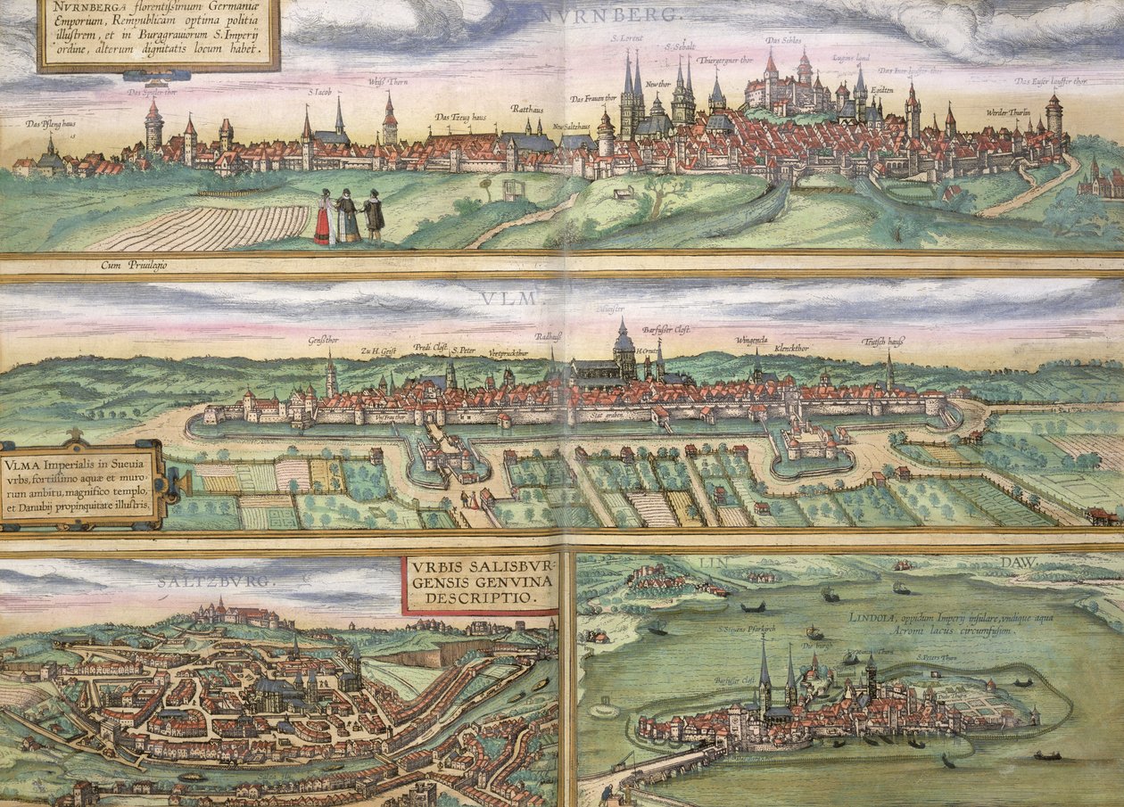 Mapa Norimberku, Ulmu a Saltzburgu z „Civitates Orbis Terrarum“ od Georga Brauna (1541-1622) a Franse Hogenberga (1535-90), kolem 1572 (barevná rytina) od Joris Hoefnagel