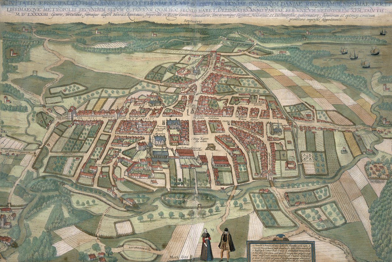 Mapa Odense, z „Civitates Orbis Terrarum“ od Georga Brauna (1541-1622) a Franse Hogenberga (1535-90) 1597 od Joris Hoefnagel