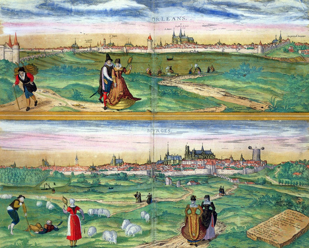 Mapa Orleans a Bourges, z „Civitates Orbis Terrarum“ od Georga Brauna (1541-1622) a Franse Hogenberga (1535-90), kolem 1572 od Joris Hoefnagel