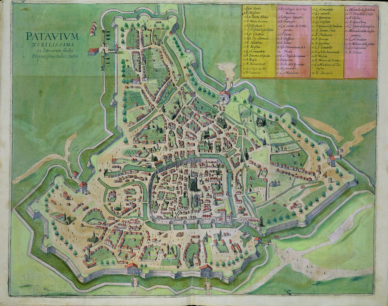 Mapa Padovy, z „Civitates Orbis Terrarum“ od Georga Brauna (1541-1622) a Franse Hogenberga (1535-90) kolem 1572-1617 od Joris Hoefnagel