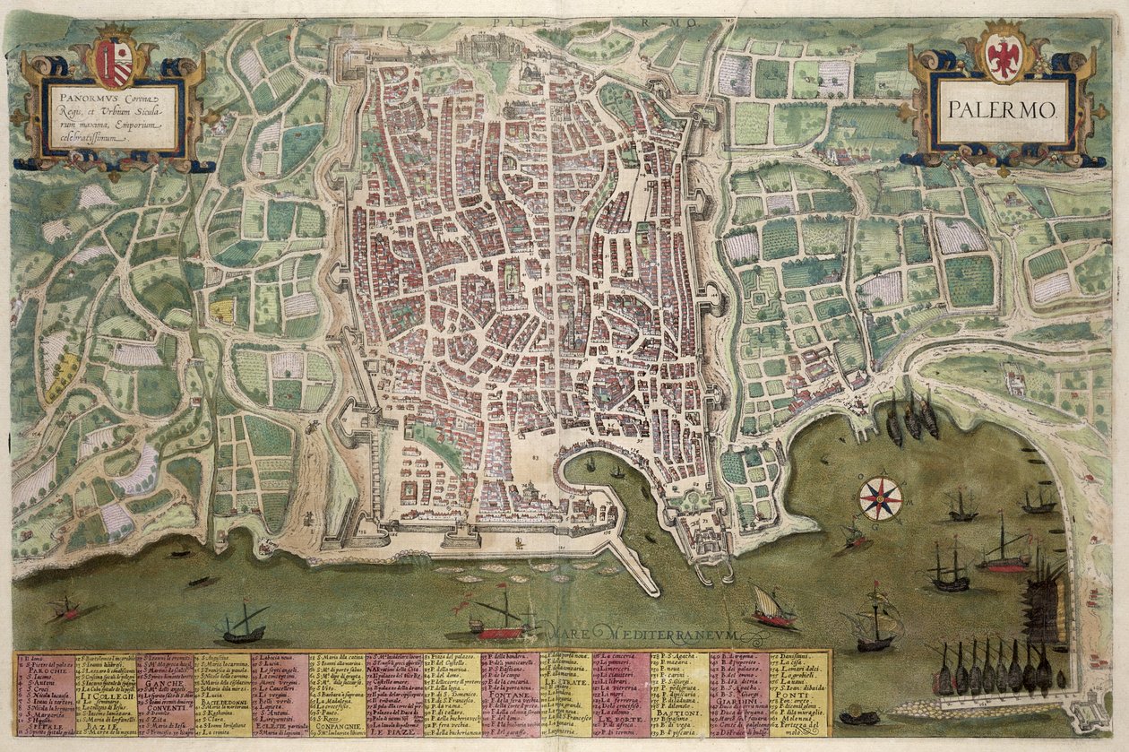 Mapa Palerma, z „Civitates Orbis Terrarum“ od Georga Brauna (1541-1622) a Franse Hogenberga (1535-90) kolem 1572-1617 od Joris Hoefnagel