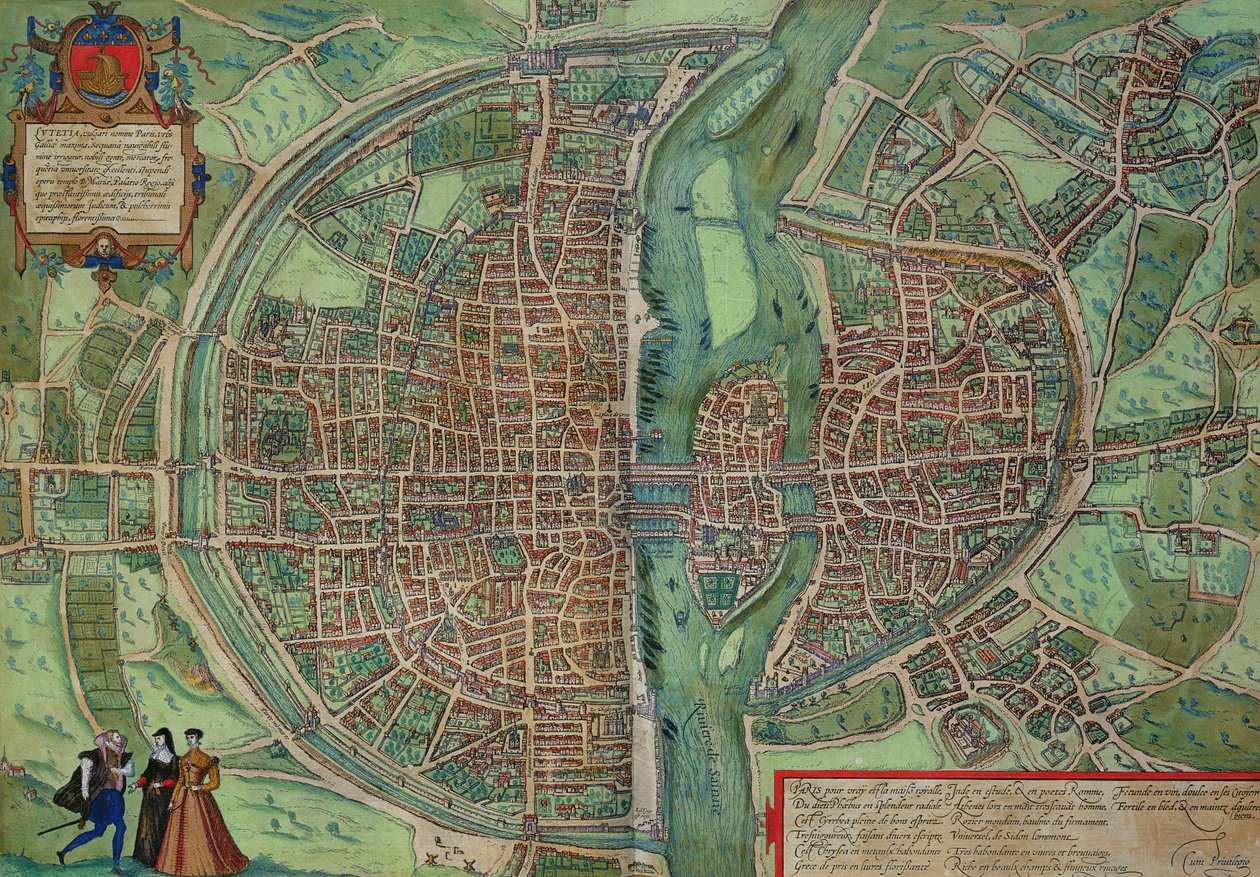 Mapa Paříže, z „Civitates Orbis Terrarum“ od Georga Brauna (1541-1622) a Franse Hogenberga (1535-90), kolem 1572 (barevná rytina) od Joris Hoefnagel