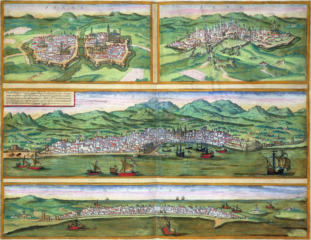 Mapa Parmy, Sieny, Palerma a Trapani z „Cities of the World“ od Georga Brauna (1541-1622) a Franse Hogenberga (1535-90), kolem 1572 od Joris Hoefnagel