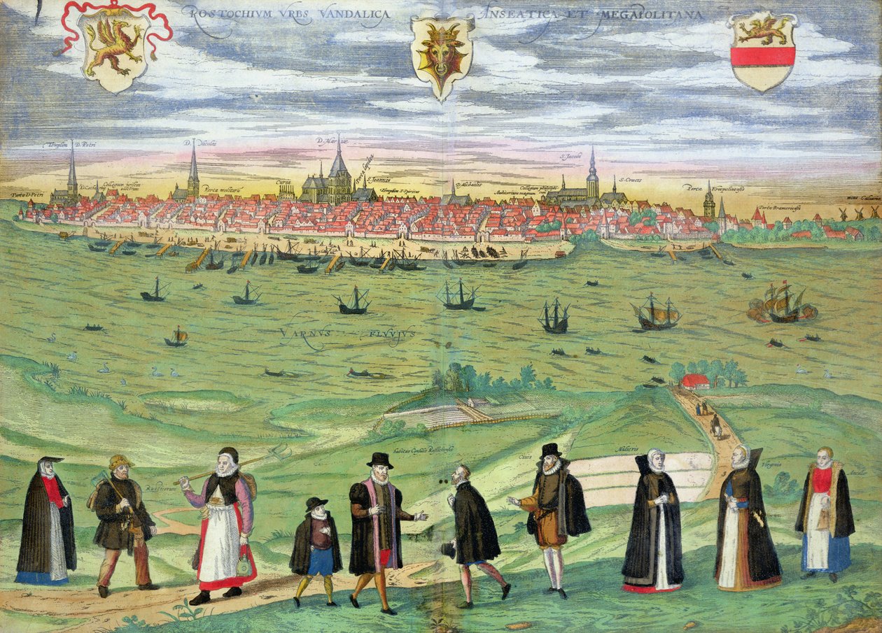Mapa Rostocku, z „Civitates Orbis Terrarum“ od Georga Brauna (1541-1622) a Franse Hogenberga (1535-90) kolem 1572-1617 od Joris Hoefnagel