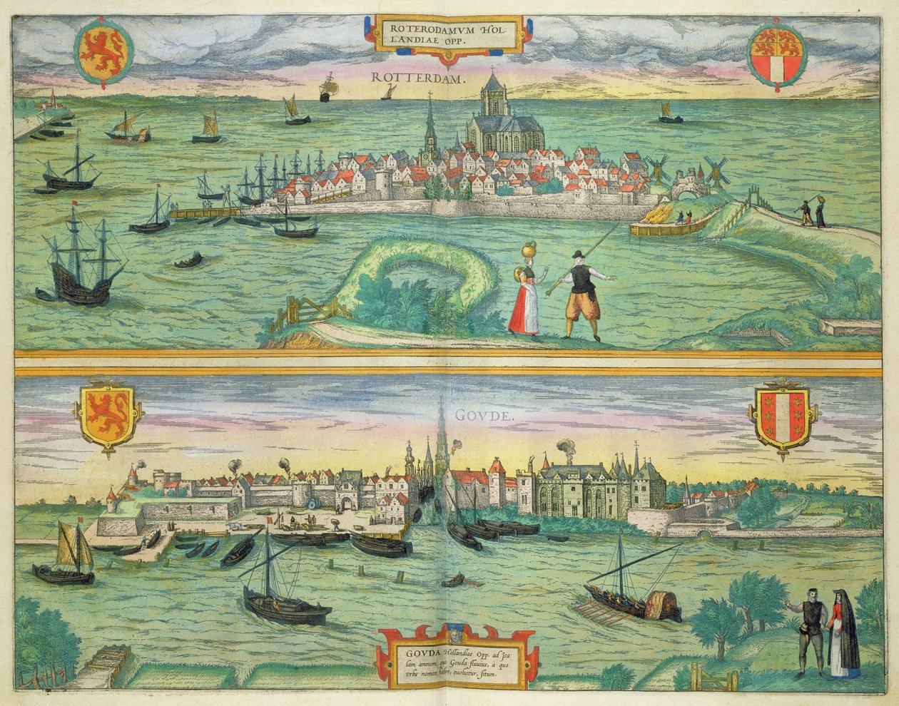 Mapa Rotterdamu a Goudy, z „Civitates Orbis Terrarum“ od Georga Brauna (1541-1622) a Franse Hogenberga (1535-90) kolem 1572-1617 od Joris Hoefnagel