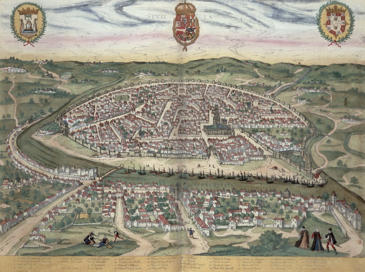 Mapa Sevilly z „Civitates Orbis Terrarum“ od Georga Brauna (1541-1622) a Franse Hogenberga (1535-90) kolem 1572-1617 od Joris Hoefnagel