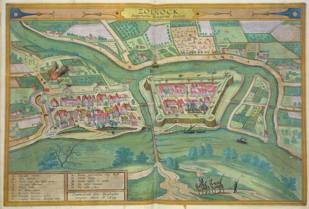 Mapa Szolnoku, z „Civitates Orbis Terrarum“ od Georga Brauna (1541-1622) a Franse Hogenberga (1535-90) 1617 od Joris Hoefnagel