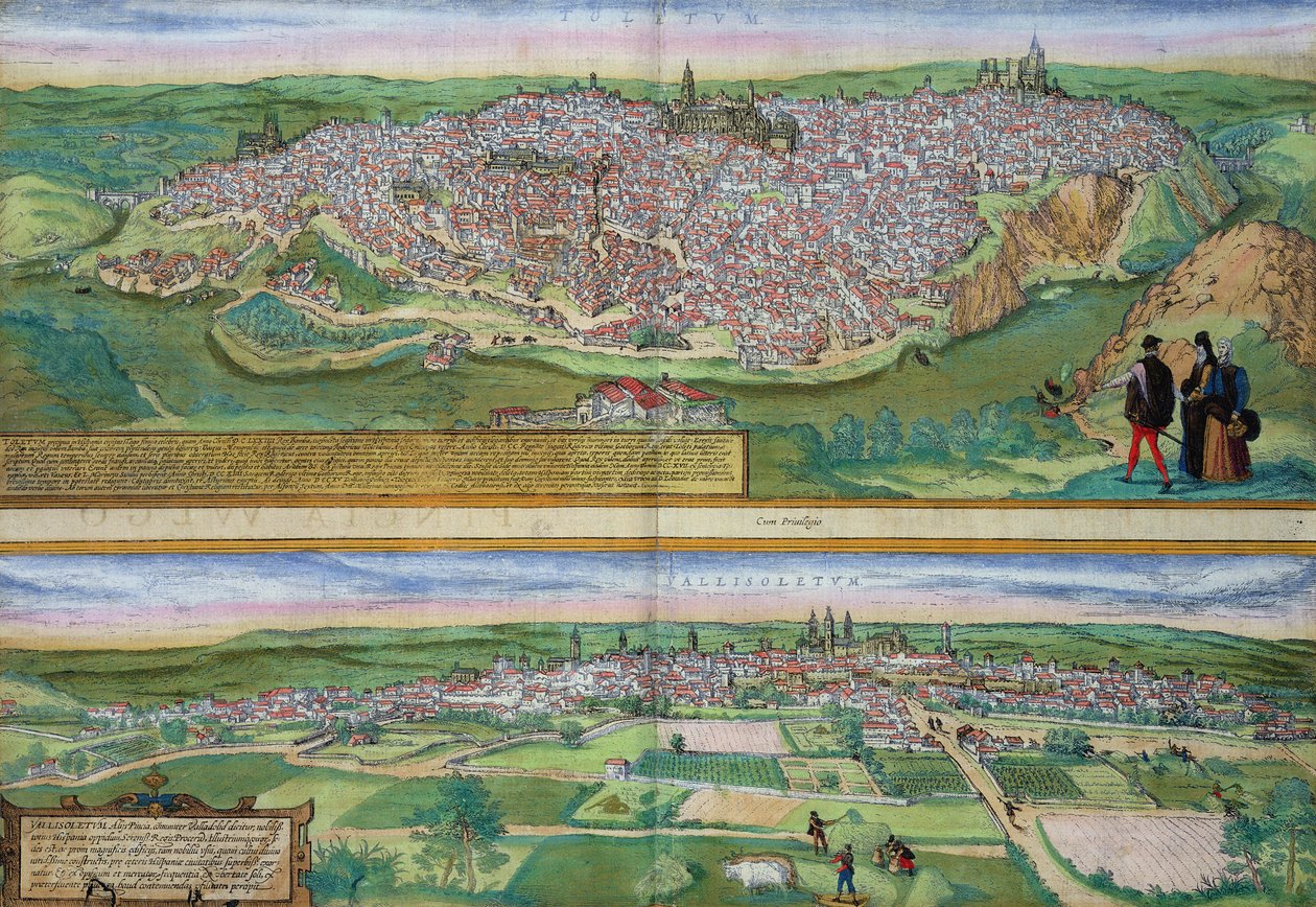 Mapa Toleda a Valladolidu, z „Civitates Orbis Terrarum“ od Georga Brauna (1541-1622) a Franse Hogenberga (1535-90), kolem 1572 od Joris Hoefnagel