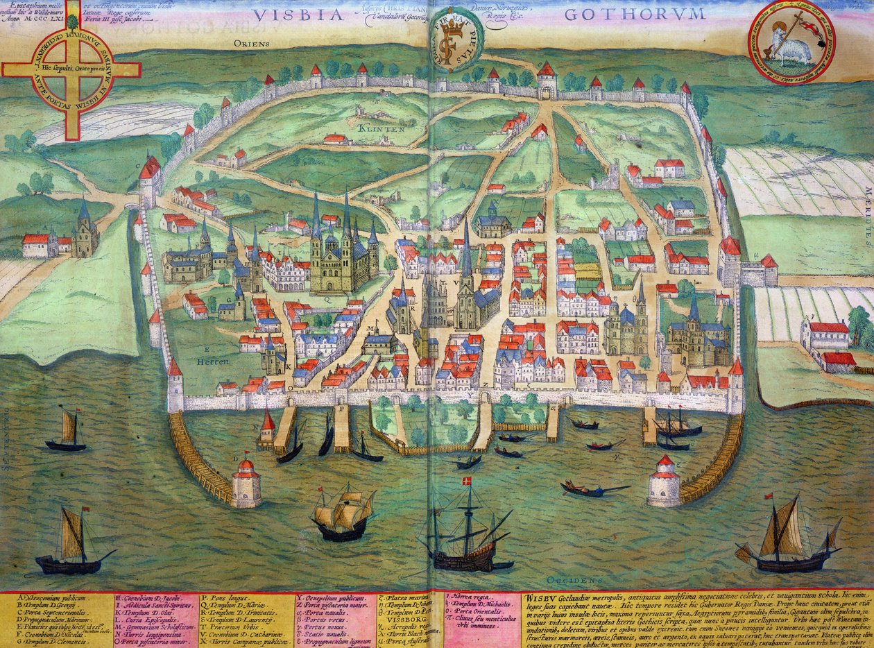 Mapa Visby, z „Civitates Orbis Terrarum“ od Georga Brauna (1541-1622) a Franse Hogenberga (1535-90) kolem 1572-1617 od Joris Hoefnagel