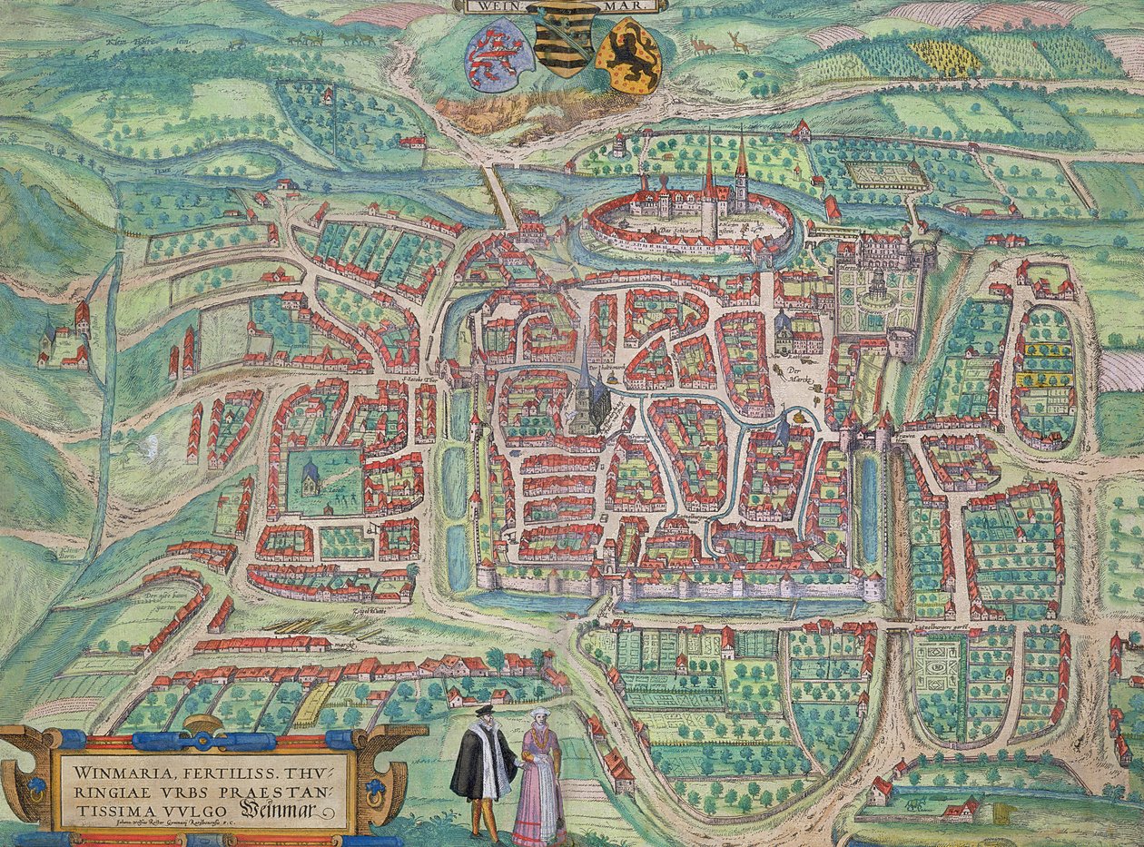 Mapa Výmaru z „Civitates Orbis Terrarum“ od Georga Brauna (1541-1622) a Franse Hogenberga (1535-90) kolem 1572-1617 od Joris Hoefnagel