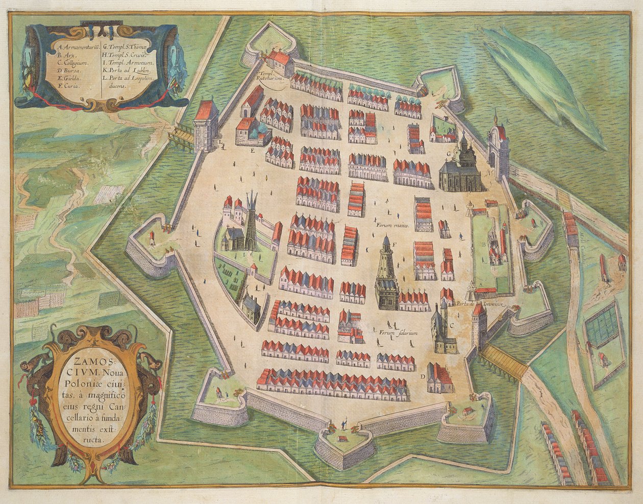 Mapa Zamoscu, z „Civitates Orbis Terrarum“ od Georga Brauna (1541-1622) a Franse Hogenberga (1535-90) kolem 1572-1617 od Joris Hoefnagel
