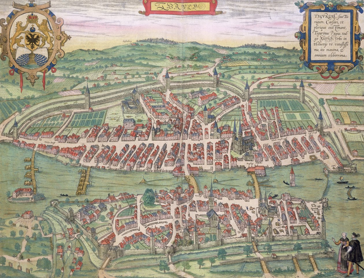 Mapa Curychu, z „Civitates Orbis Terrarum“ od Georga Brauna (1541-1622) a Franse Hogenberga (1535-90) kolem 1572-1617 od Joris Hoefnagel