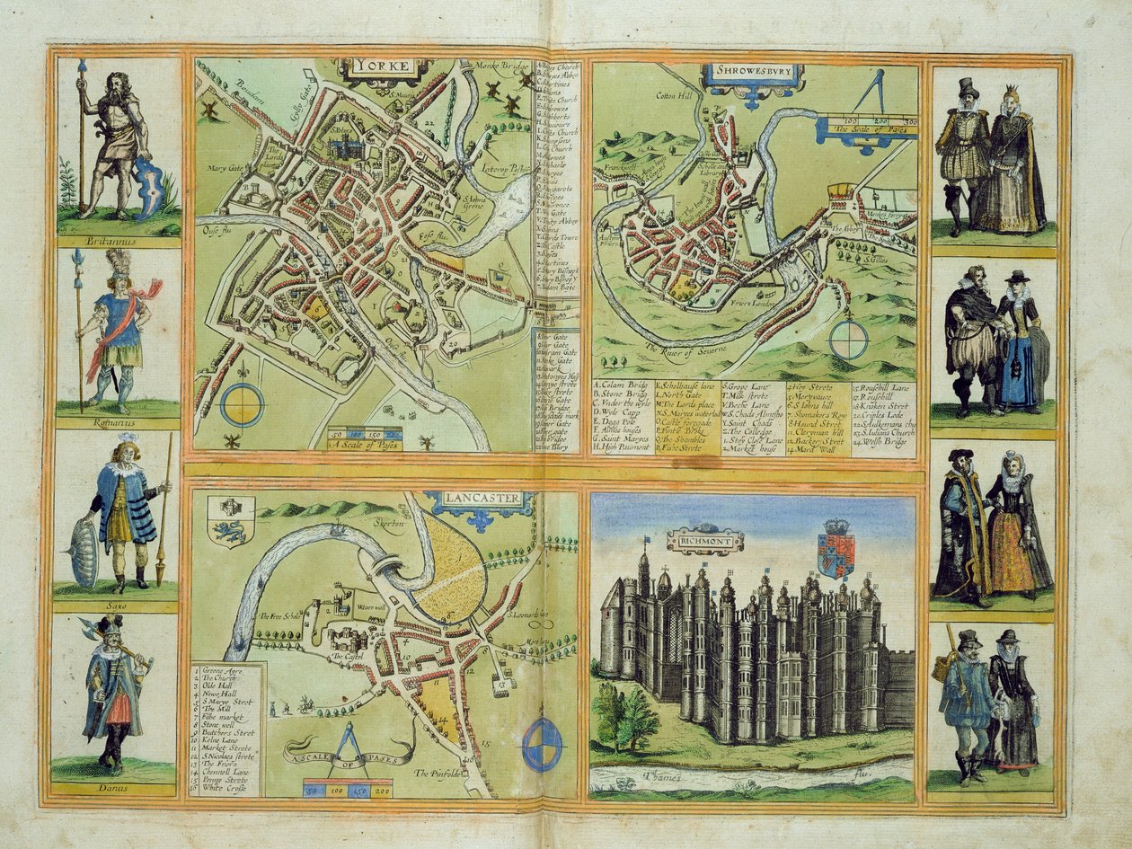 Mapy Yorku, Shrewsbury, Lancasteru a Richmondu, z „Civitates Orbis Terrarum“ od Georga Brauna (1541-1622) a Franse Hogenberga (1535-90) kolem 1572-1617 od Joris Hoefnagel