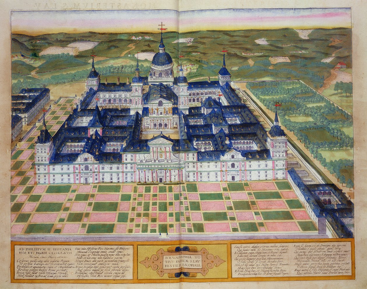 Plán kláštera El Escorial, z „Civitates Orbis Terrarum“ od Georga Brauna (1541-1622) a Franse Hogenberga (1535-90), kolem 1572 od Joris Hoefnagel