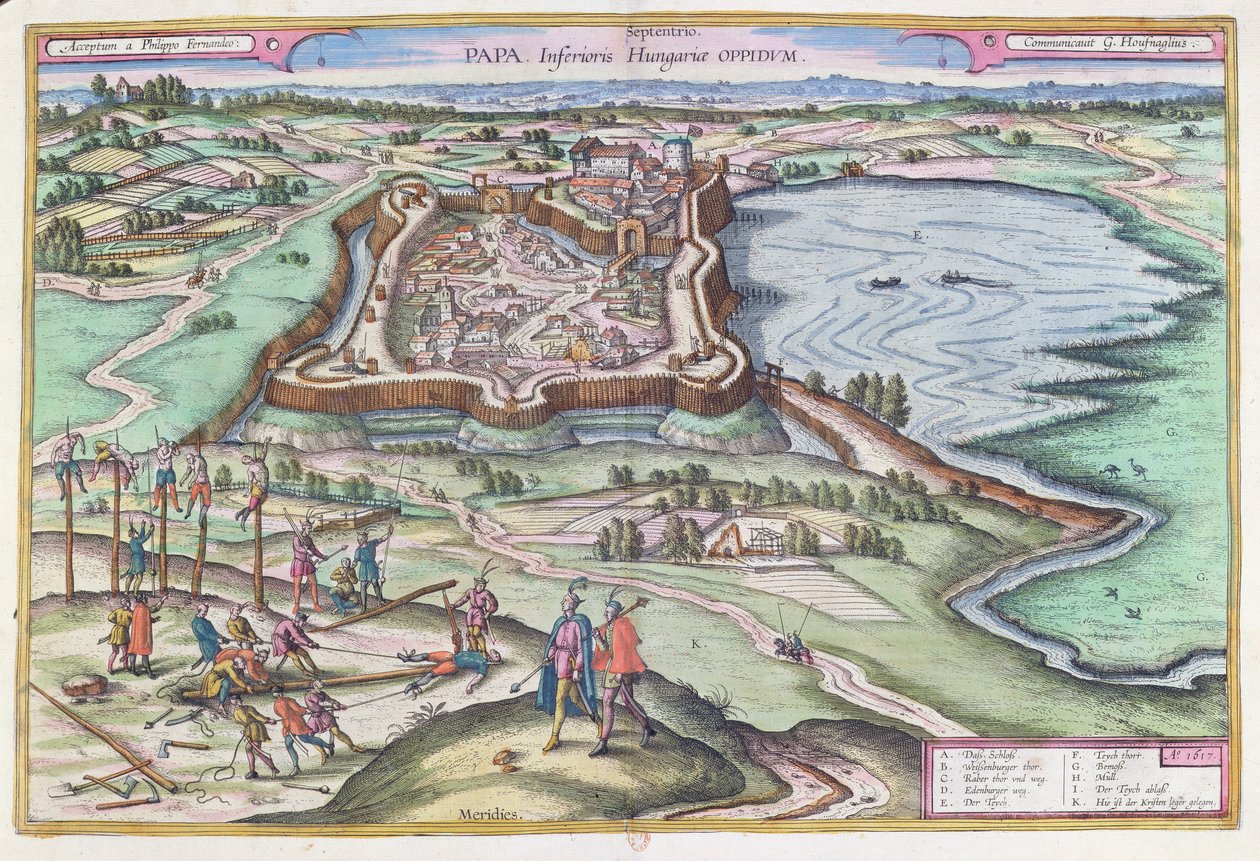 Maďarská pevnost Papa v době osmanského obležení, z „Le Theater du Monde“ od Georga Brauna (1541-1622) vydaného v Kolíně nad Rýnem 1572-1618, 1617 od Joris Hoefnagel