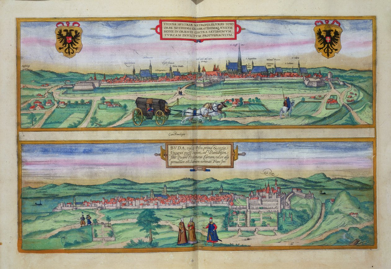 Plán Vídně a Budína z knihy "Civitates Orbis Terrarum" od Georga Brauna (1541-1622) a Franse Hogenberga (1535-90), asi 1572 od Joris Hoefnagel