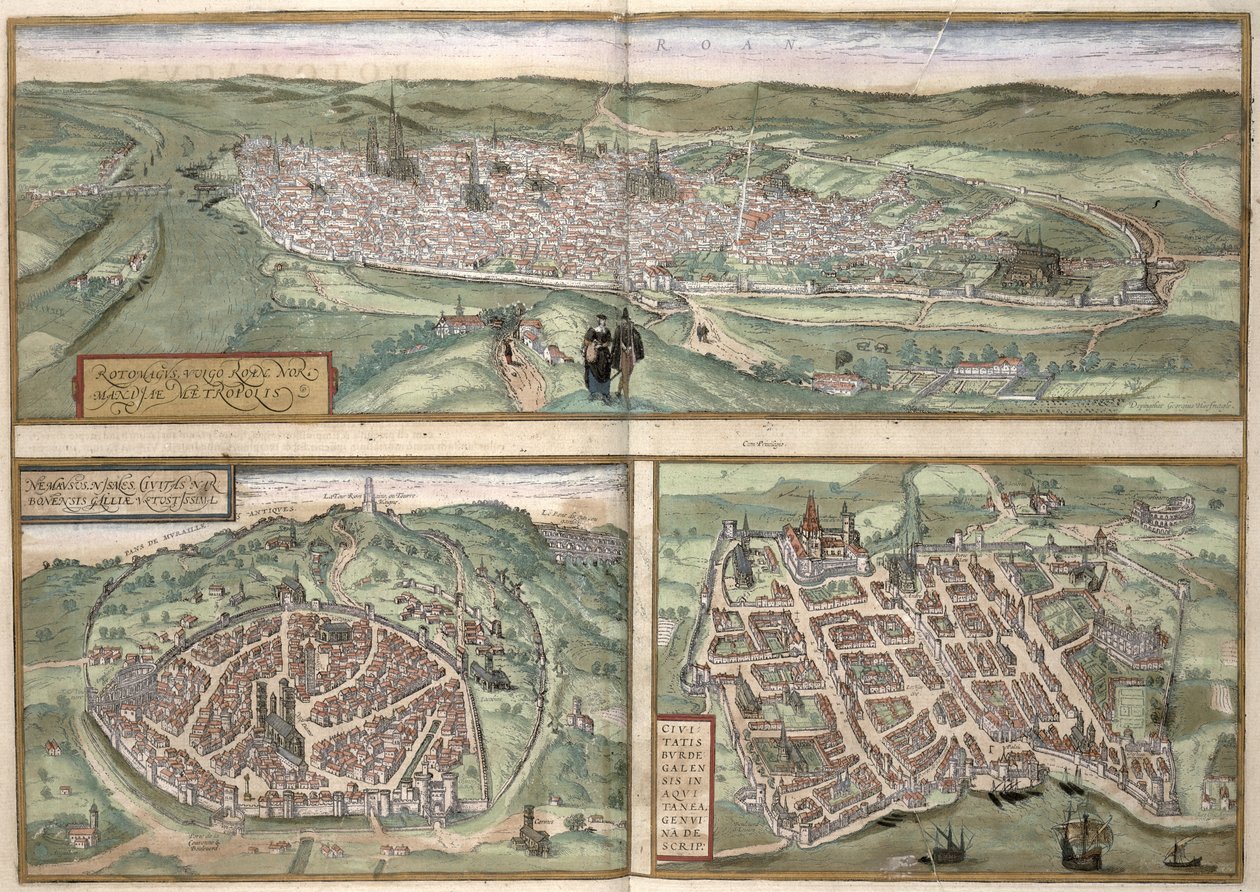 Plány měst Rouen, Nimes a Bordeaux z knihy "Civitates Orbis Terrarum" od Georga Brauna (1541-1622) a Franse Hogenberga (1535-90), asi 1572 od Joris Hoefnagel