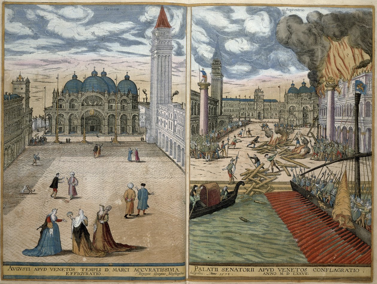 Pohled na San Marco a Palazzo Ducale v plamenech z „Civitates Orbis Terrarum“ od Georga Brauna (1541-1622) a Franse Hogenberga (1535-90) 1578 od Joris Hoefnagel