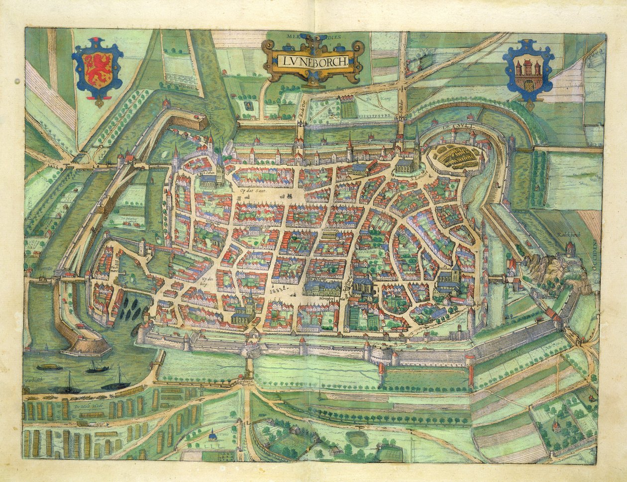 mapa Luneburgu, z „Civitates Orbis Terrarum“ od Georga Brauna (1541-1622) a Franse Hogenberga (1535-90) kolem 1572-1617 od Joris Hoefnagel