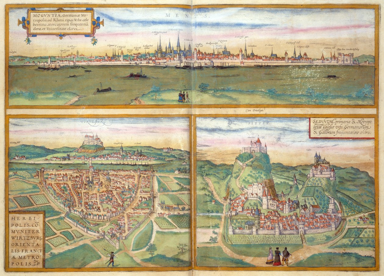 Metz, Wurtzburg a Sittensen, z Civitates Orbis Terrarum od Georga Brauna (1541-1622) a Franse Hogenburga (1535-90), kolem 1572 od Joris after Hoefnagel