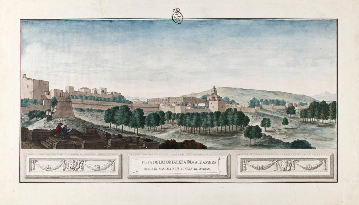 Pohled na Alhambru v Granadě, z hradu Torres Bermejas. od José de Hermosilla