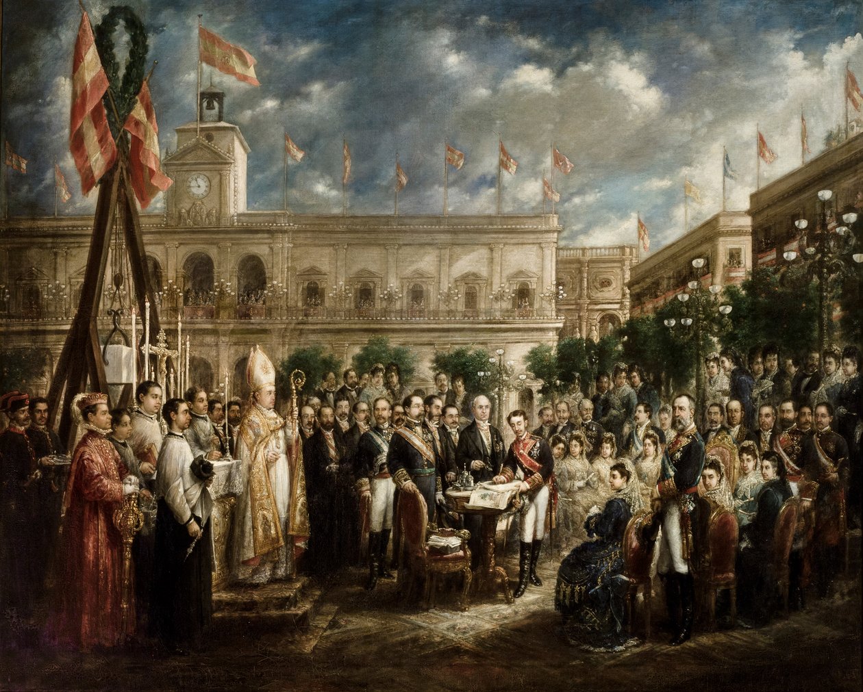 Alfonso XII. Podepisuje akt položení prvního kamene pomníku San Fernando od José María Romero y López