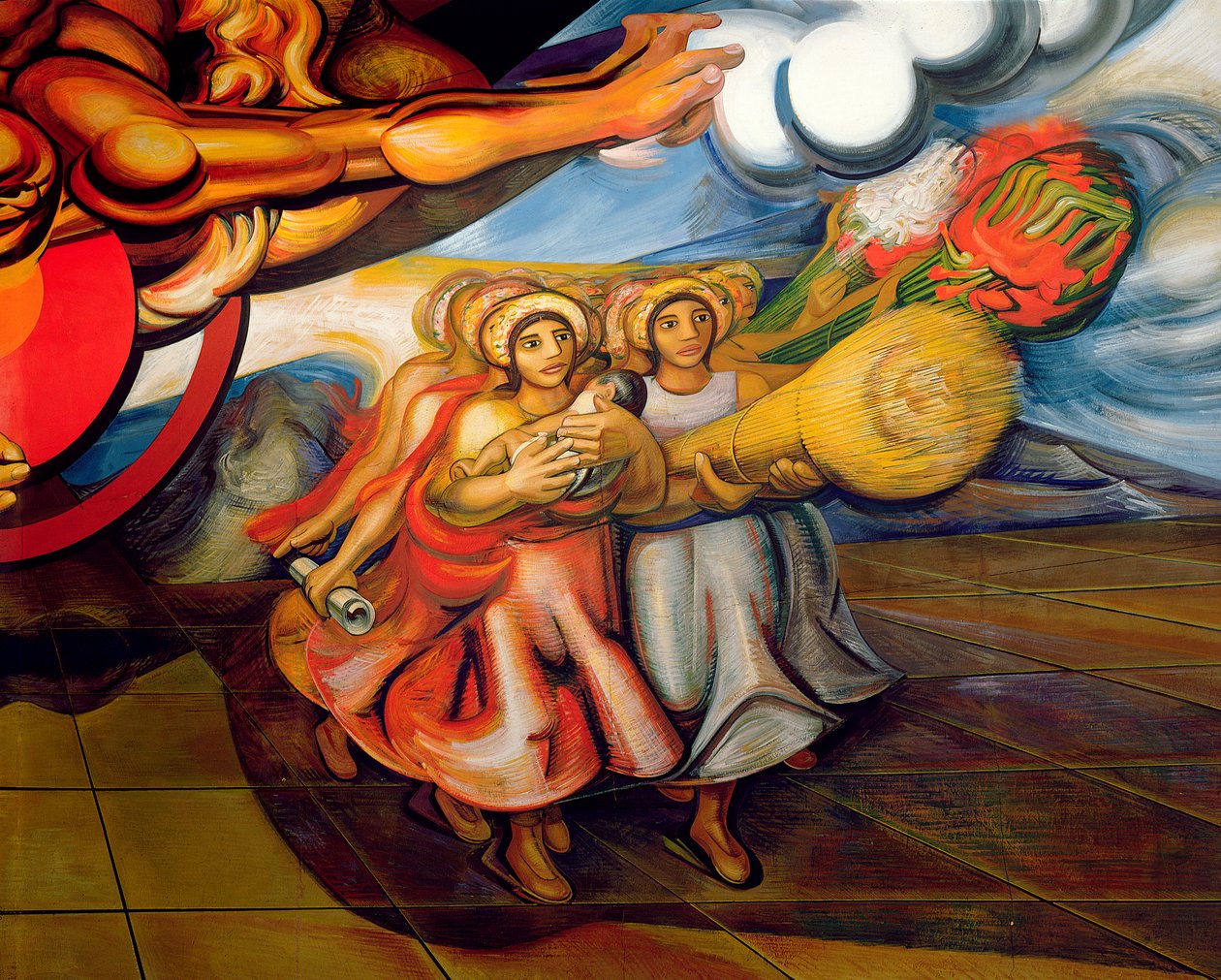 Mexické ženy se svými dětmi a produkty své práce pochodují, aby požadovaly svá práva, z cyklu „Mexičan volá po sociálním zabezpečení“ (freska) od José Clemente Orozco