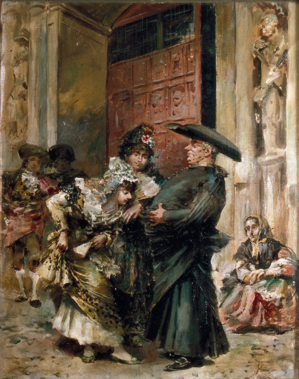 "Odcházení ze mše"": dvě ženy zkoumající břicho léku u východu z kostela. Obraz Jose Denis Belgrano (1844-1917), 2. polovina 19. století. Olej na plátně. od Jose Denis Belgrano