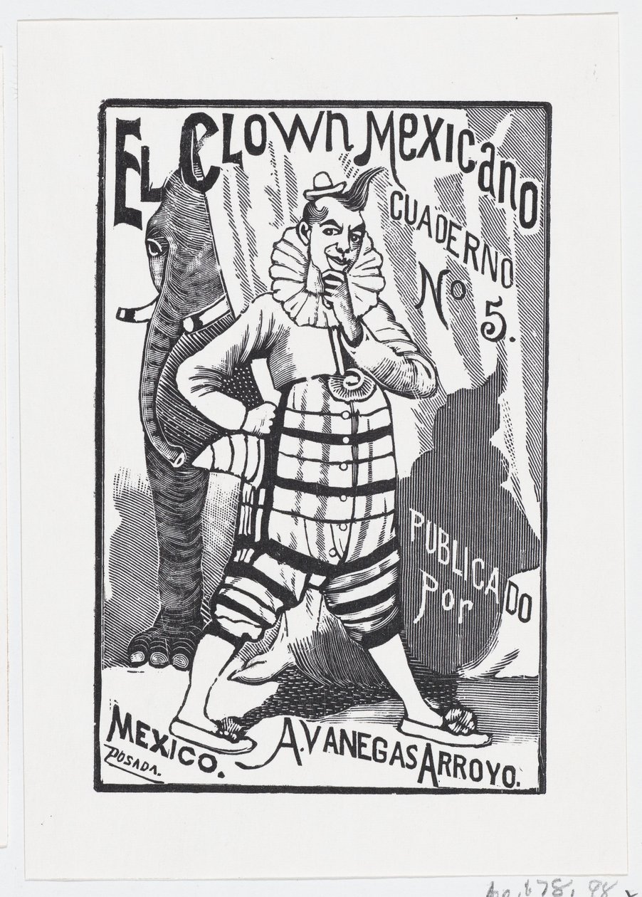 Klaun stojící s jednou rukou na boku a slon vykukující zezadu..., ca. 1880-1910. od José Guadalupe Posada