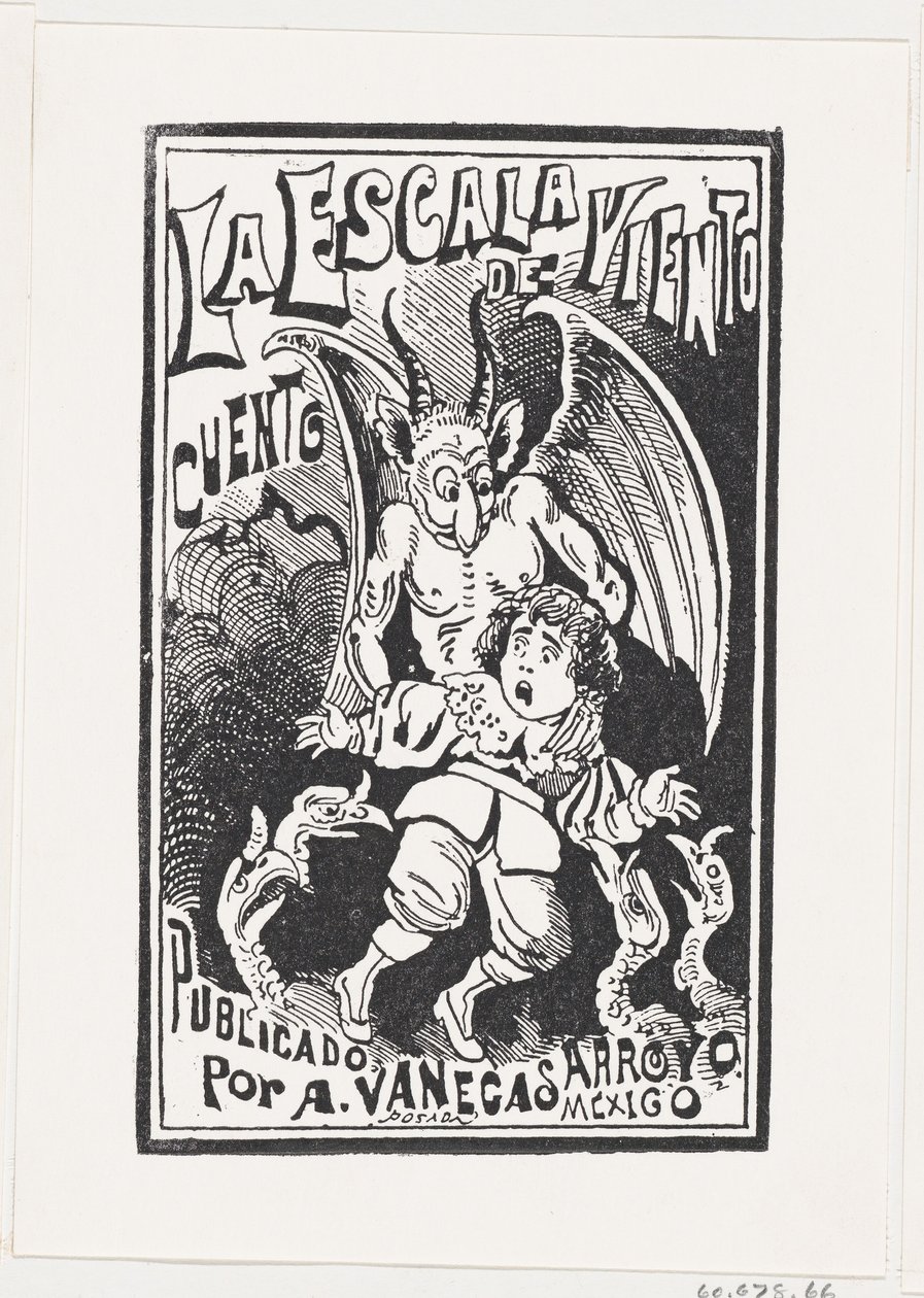 Démon držící mladého chlapce za ramena přes skupinu supů, ilustrace..., ca. 1880-1910. od José Guadalupe Posada