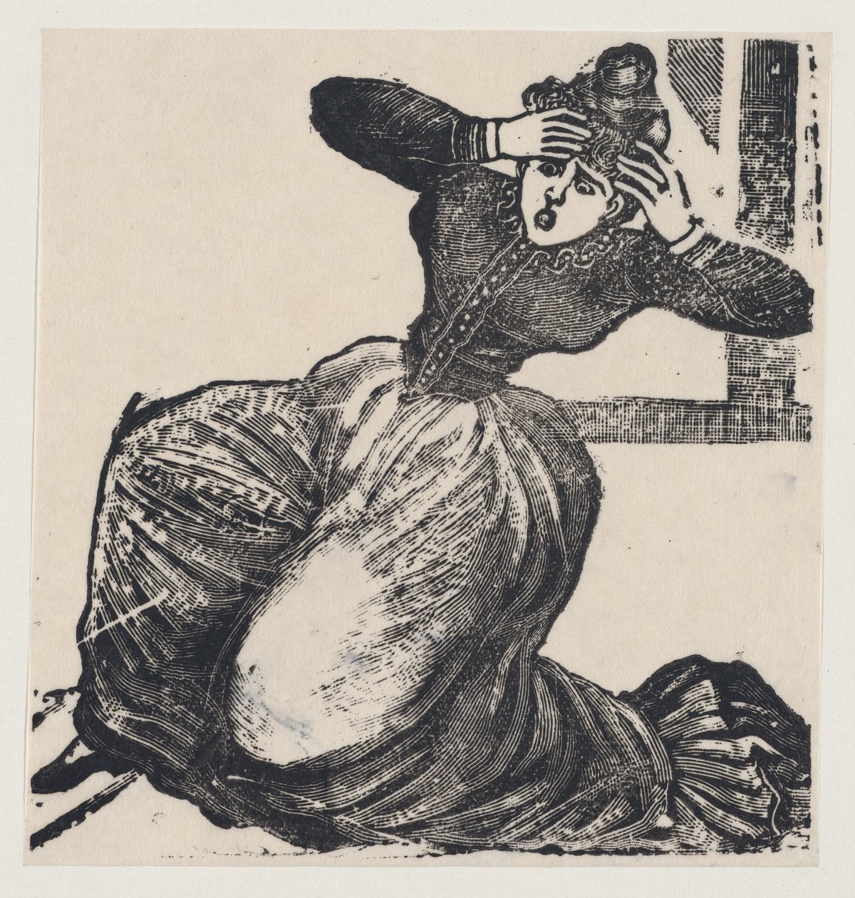 Žena lapající po dechu na zemi s rukama zvednutým k hlavě, z široké strany s názvem..., 1893. od José Guadalupe Posada