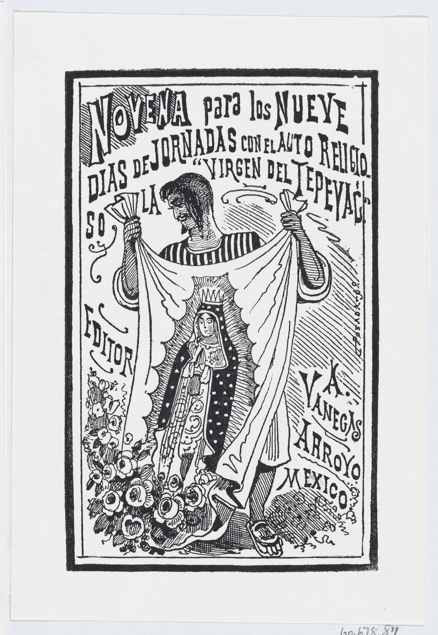 Muž zvedající kus látky s obrázkem Panny Marie, ilustrace pro ..., ca. 1880-1910. od José Guadalupe Posada