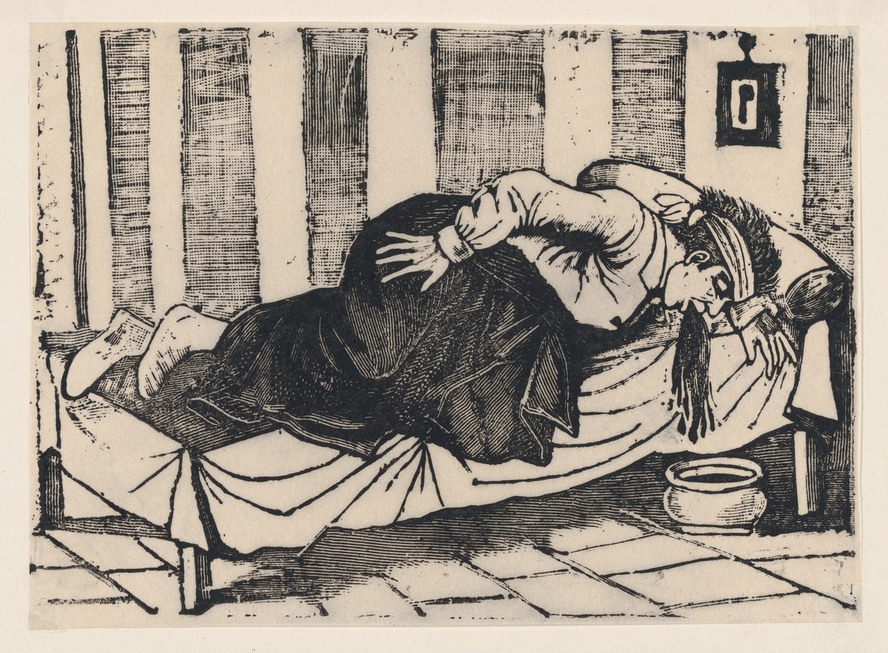 Muž naklánějící se přes okraj postele zvrací z široké strany s názvem „Smrt Aurelia..., 1892. od José Guadalupe Posada