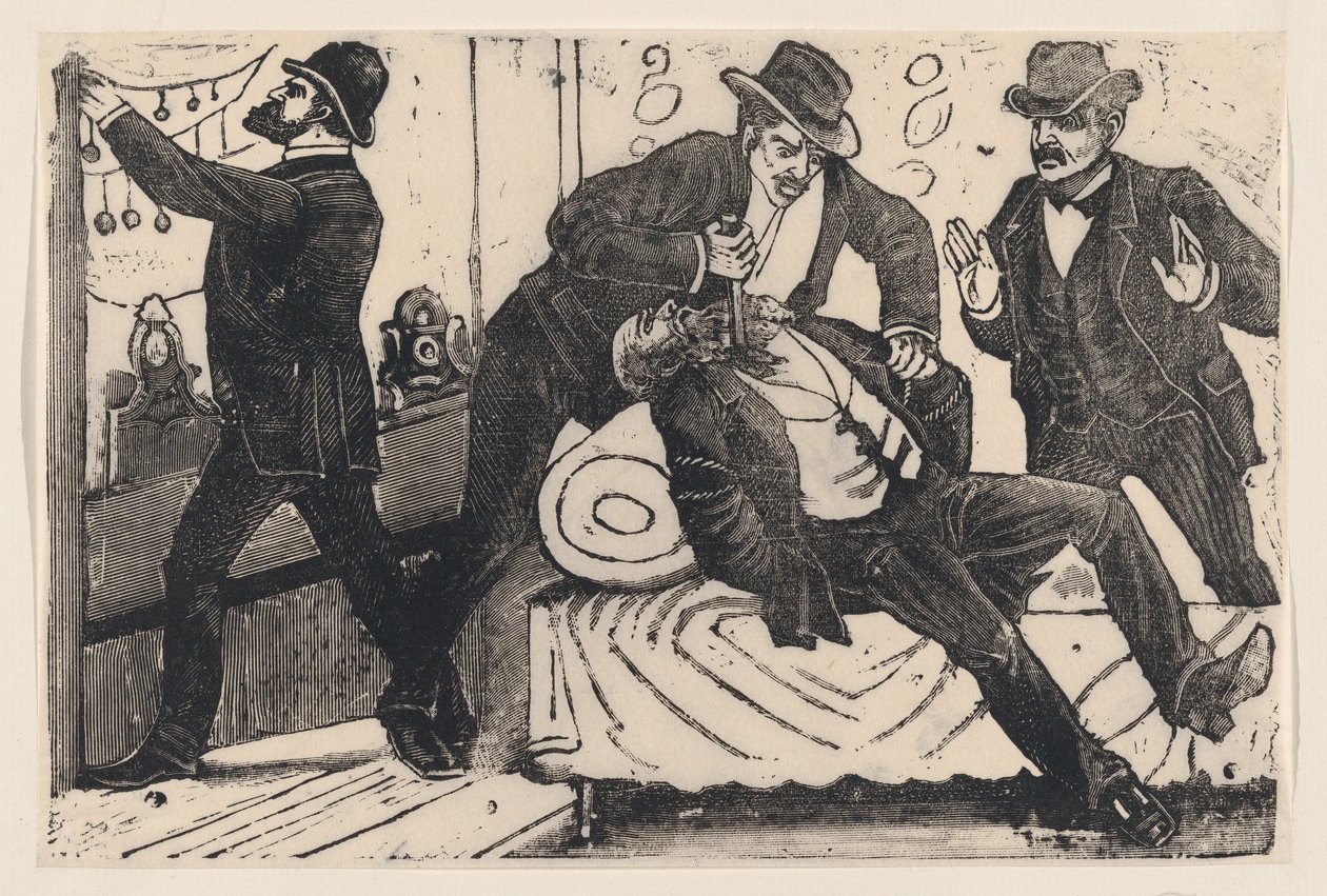 Muž, který bodl jiného muže do hrudníku, zatímco jeho spolupracovníci rabovali obchod, z..., ca. 1890-1891. od José Guadalupe Posada