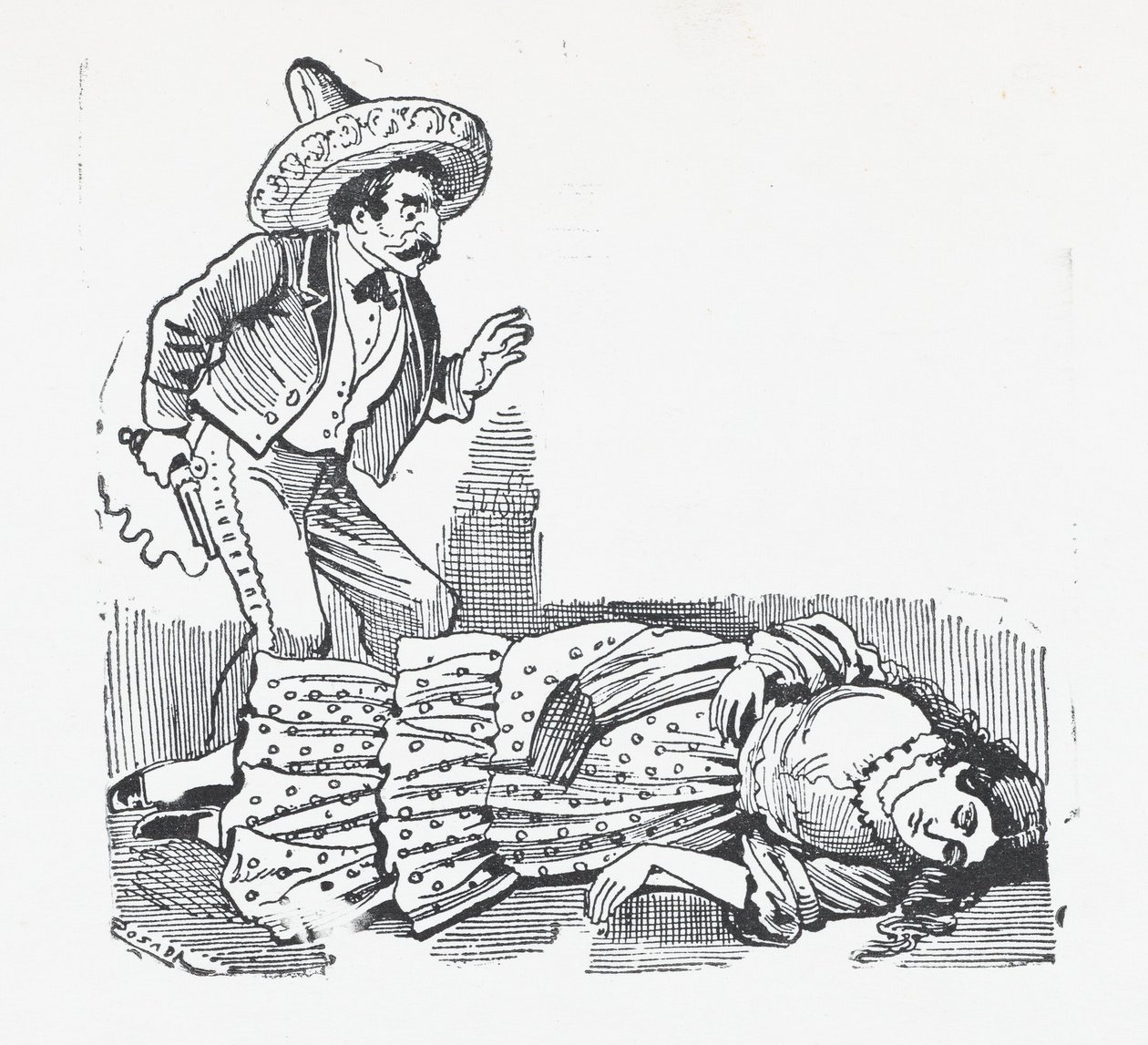 Muž se zbraní stojící nad ženou, kterou právě zastřelil, ca. 1880-1910, ca. 1880-1910. od José Guadalupe Posada