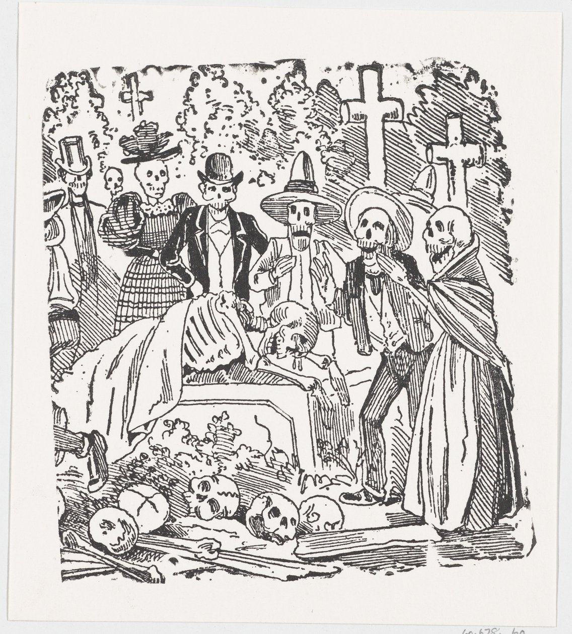 Kostra přikrytá prostěradlem plačící na hřbitově, z široké strany s názvem „..., ca. 1880-1910. od José Guadalupe Posada